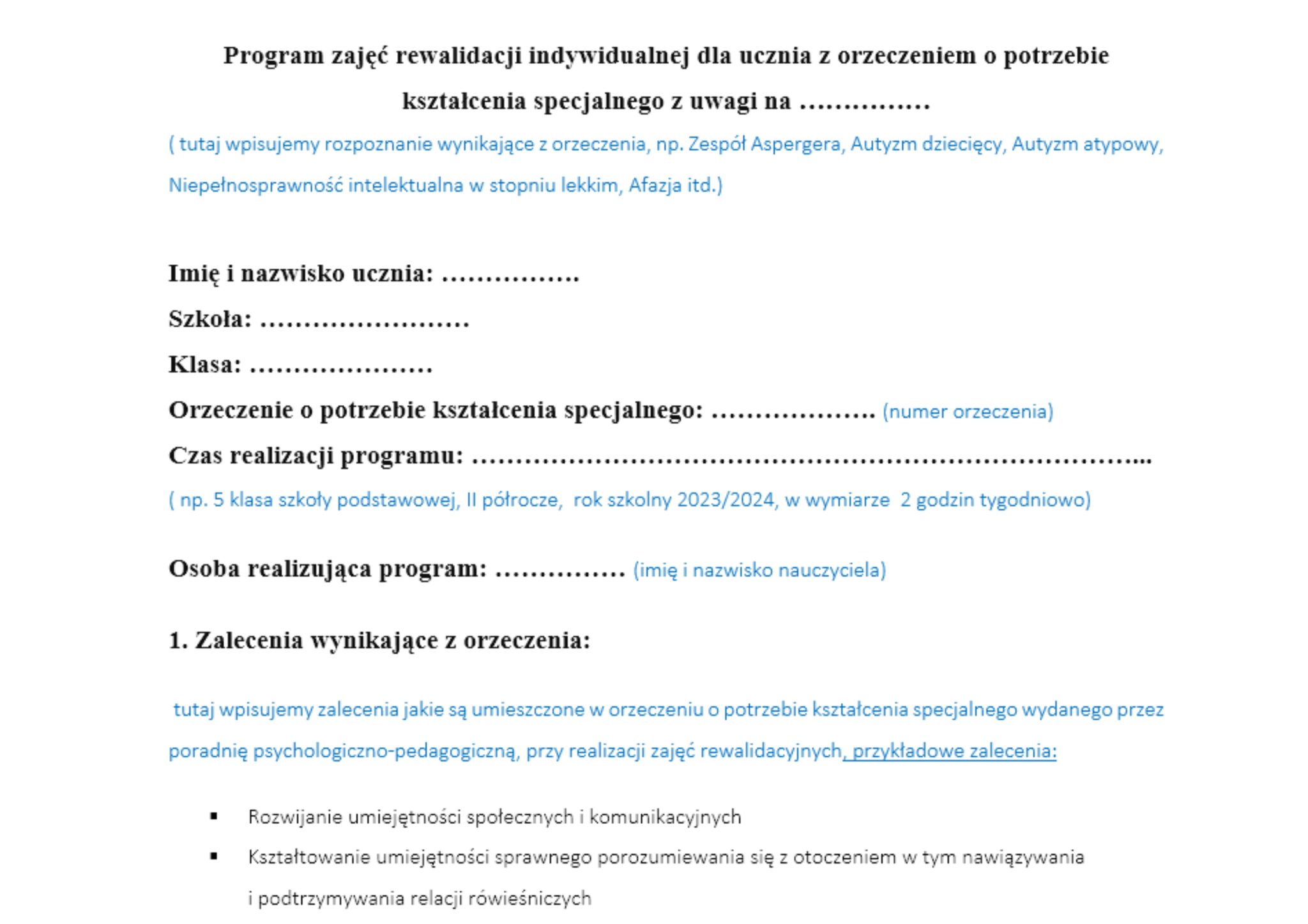 Rezygnacja Z Zajęć Rewalidacyjnych Wzór