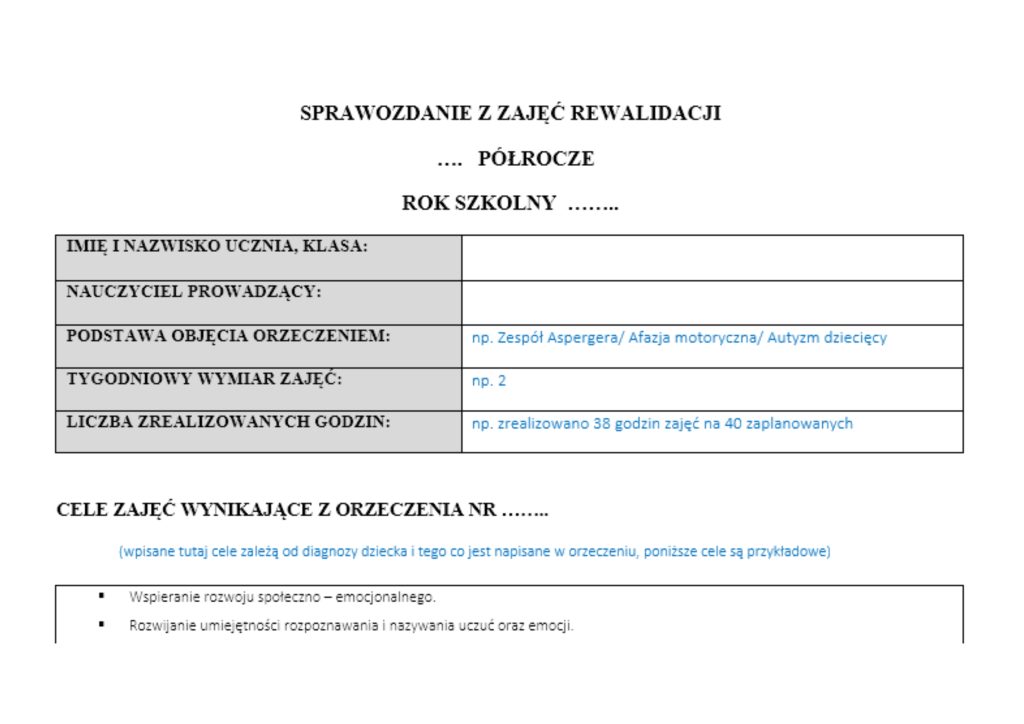 Przykładowe SPRAWOZDANIE z zajęć REWALIDACJI INDYWIDUALNEJ - produkt