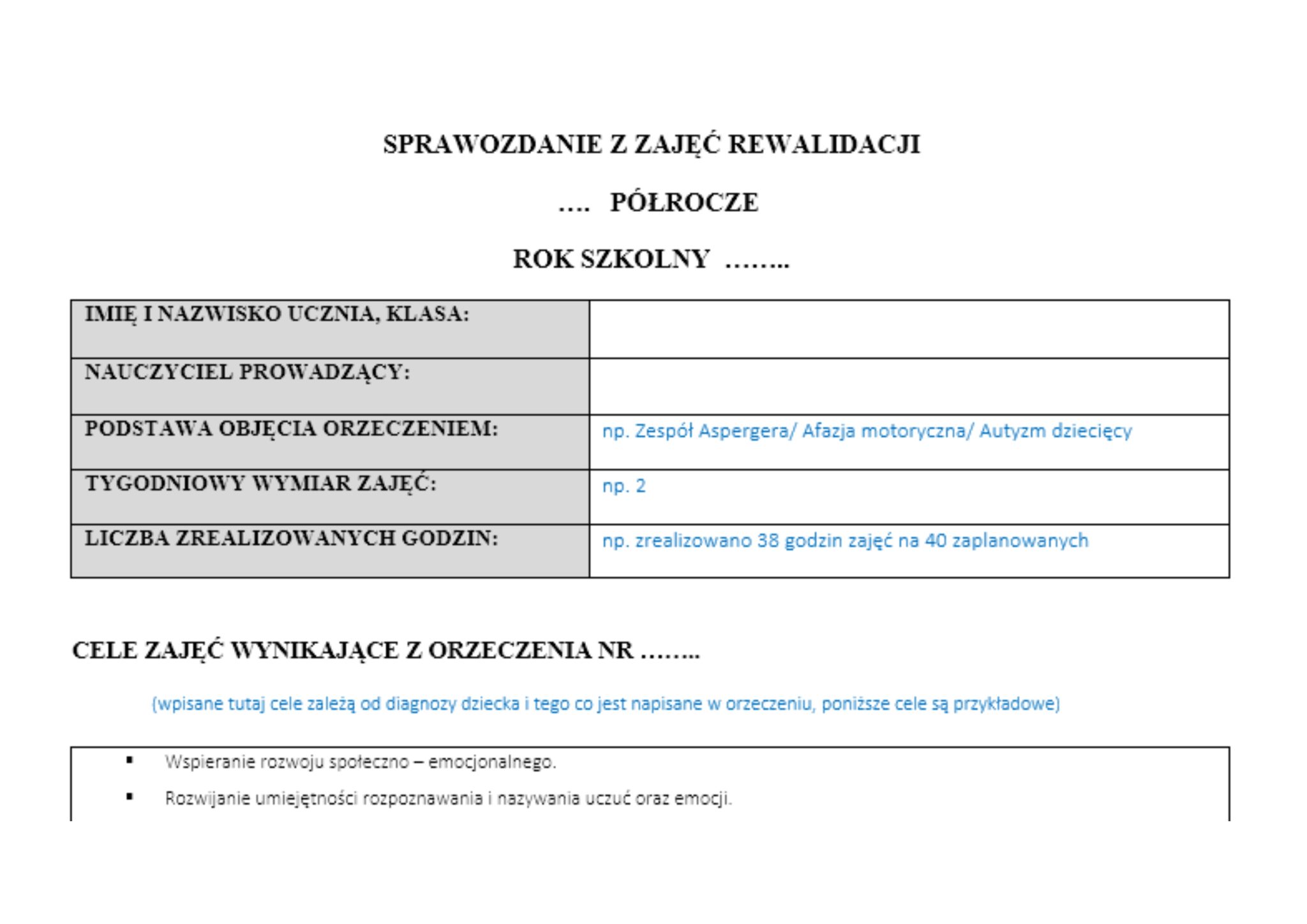 Przykładowe SPRAWOZDANIE z zajęć REWALIDACJI INDYWIDUALNEJ - produkt