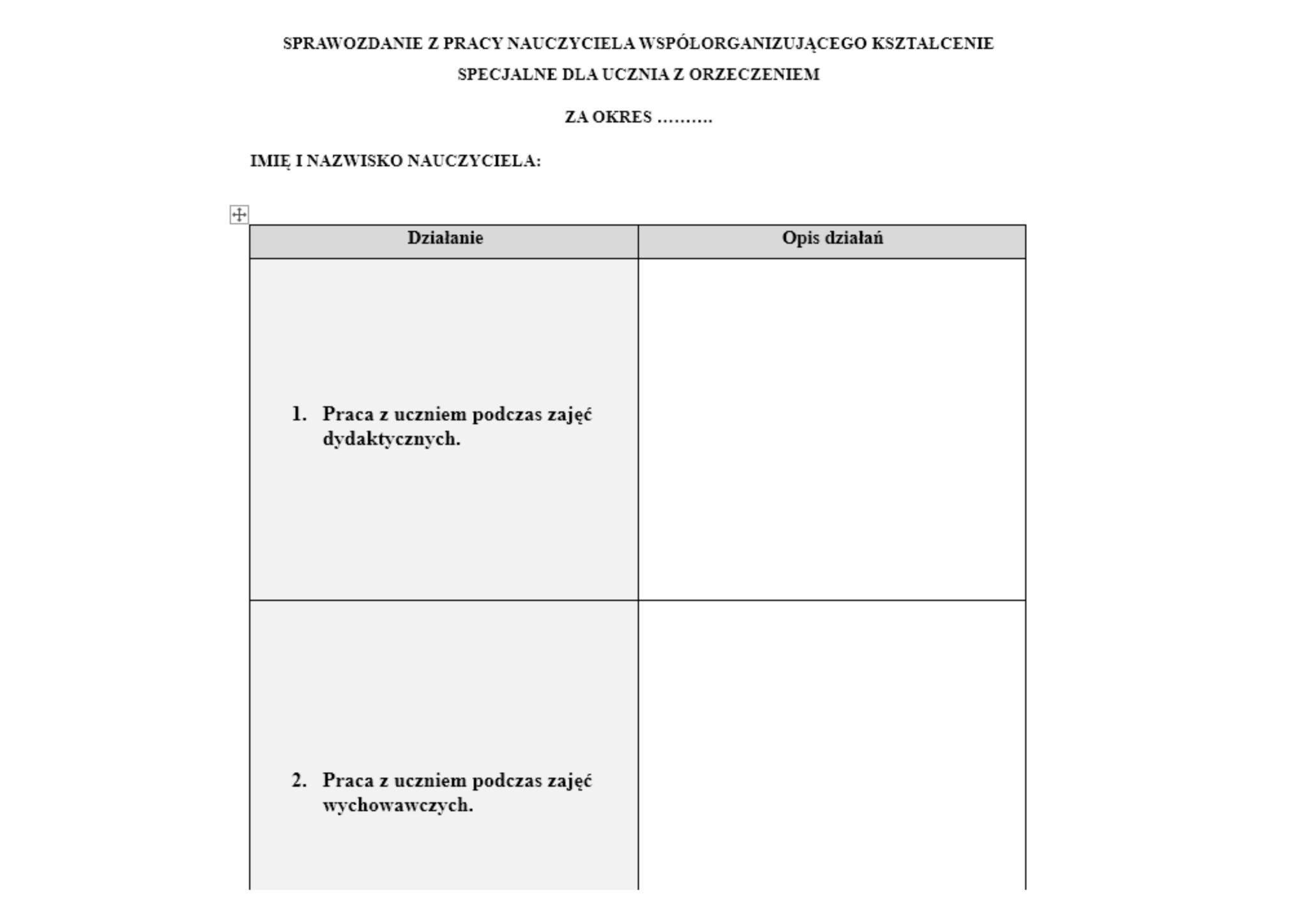 Przykładowe SPRAWOZDANIE nauczyciela WSPOMAGAJĄCEGO - TABELA - WZÓR